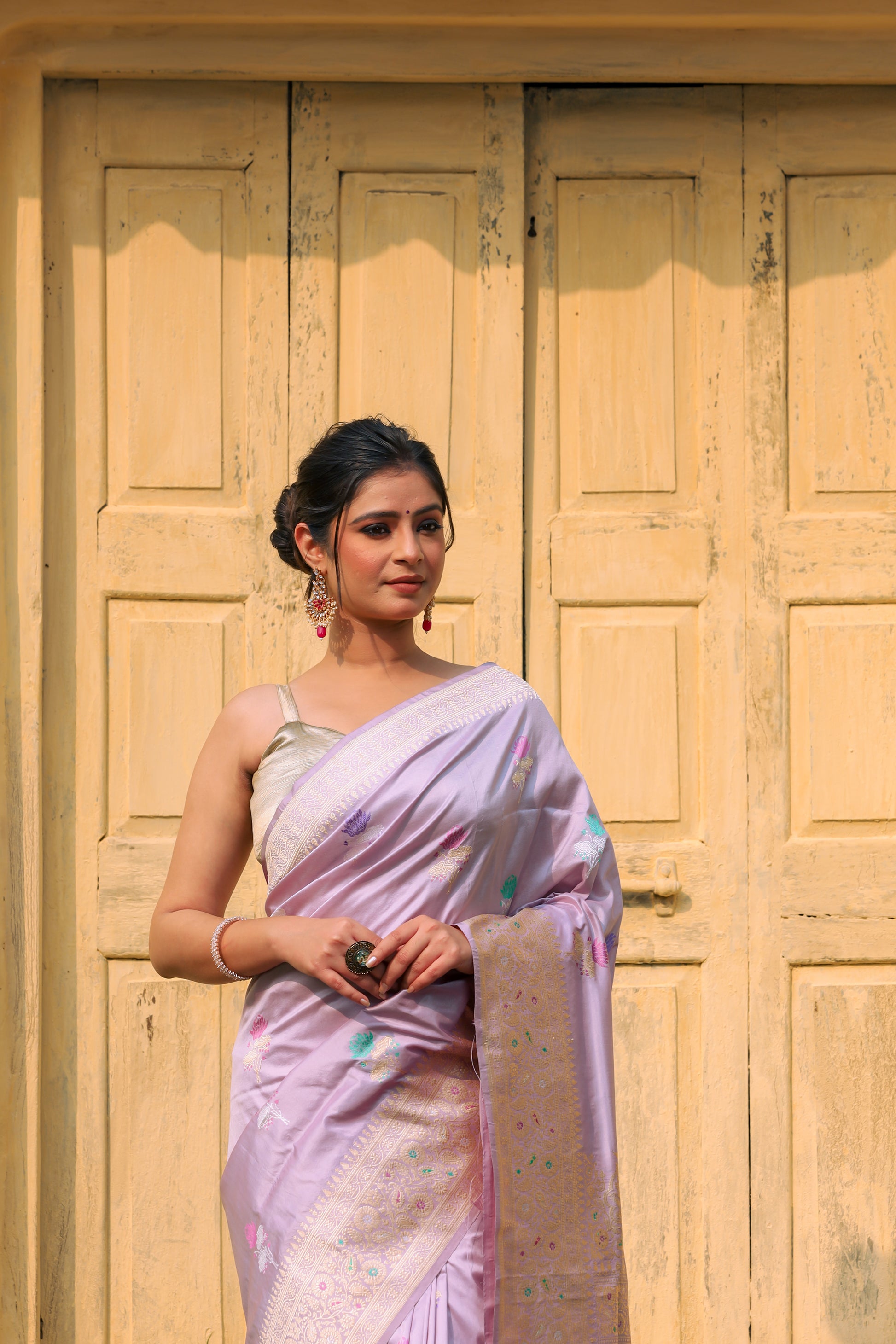 Lavender Katan Pure Silk Kadwa Saree