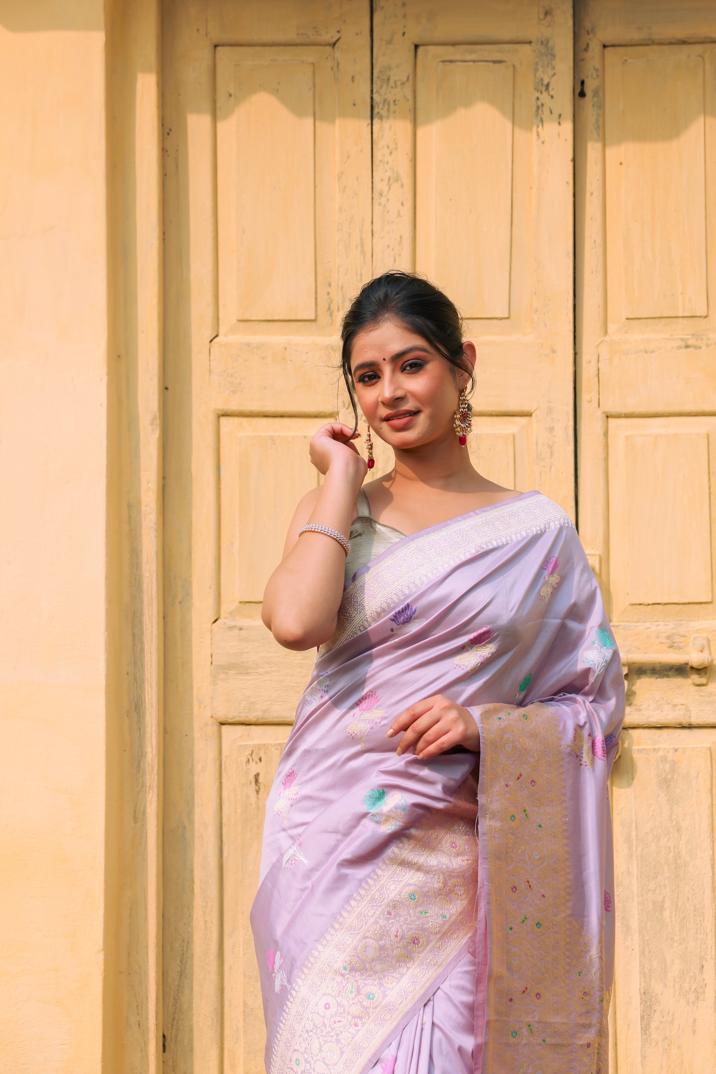 Lavender Katan Pure Silk Kadwa Saree - Panaya 