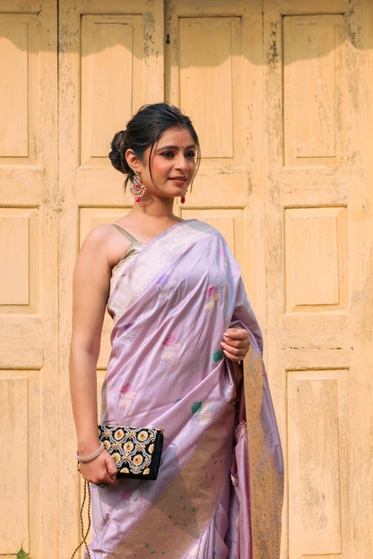 Lavender Katan Pure Silk Kadwa Saree - Panaya 