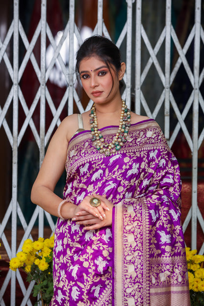 Purple Katan Pure Silk Kadwa Saree - Panaya 