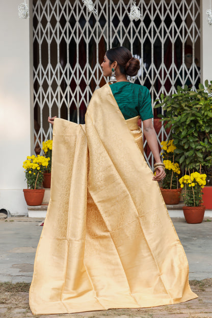 Beige Katan Pure Silk Kadwa Saree - Panaya 