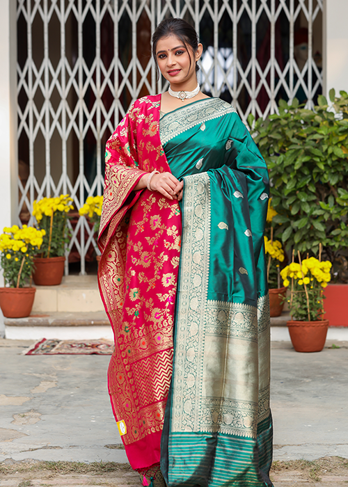 Green Katan Silk Saree — Kadwa Boota