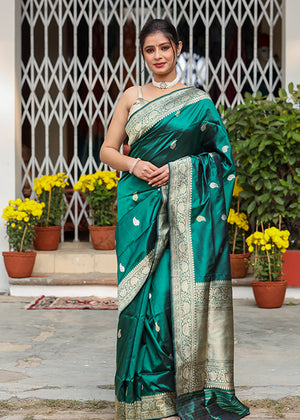 Green Katan Silk Saree — Kadwa Boota