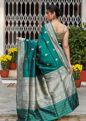 Green Katan Silk Saree — Kadwa Boota