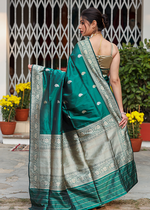 Green Katan Silk Saree — Kadwa Boota