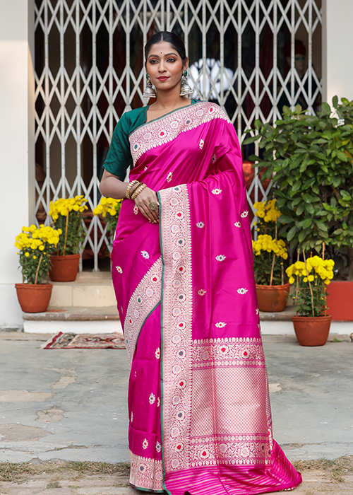 Hot Pink Katan Silk Saree — Kadwa Meena Boota