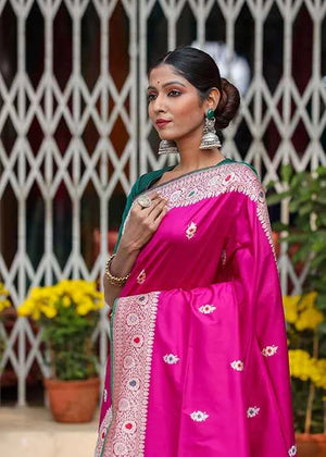 Hot Pink Katan Silk Saree — Kadwa Meena Boota
