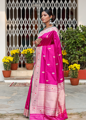 Hot Pink Katan Silk Saree — Kadwa Meena Boota