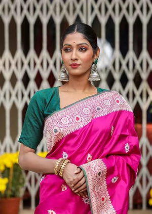 Hot Pink Katan Silk Saree — Kadwa Meena Boota