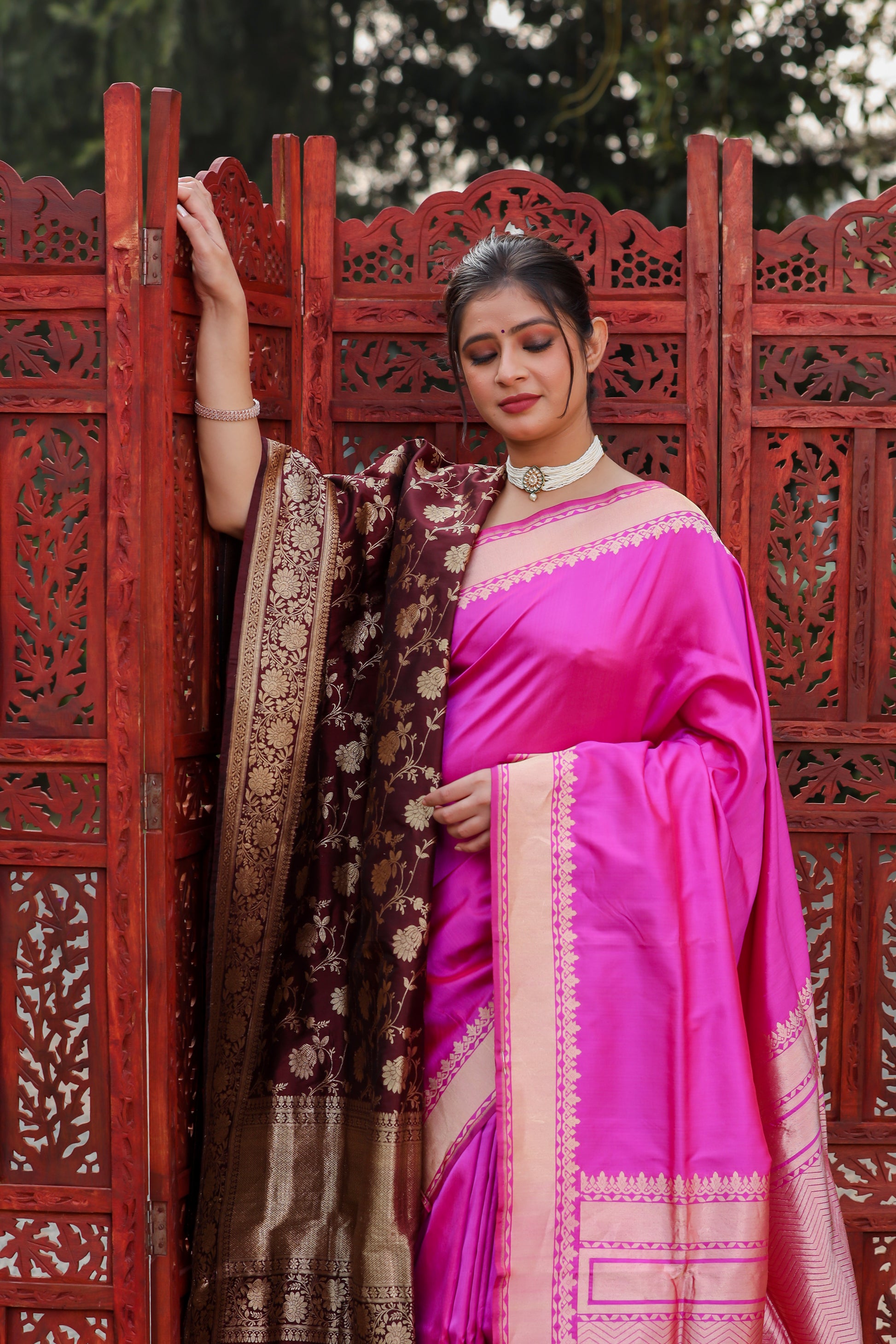 Rani Pink Katan Pure Silk Kadwa Saree