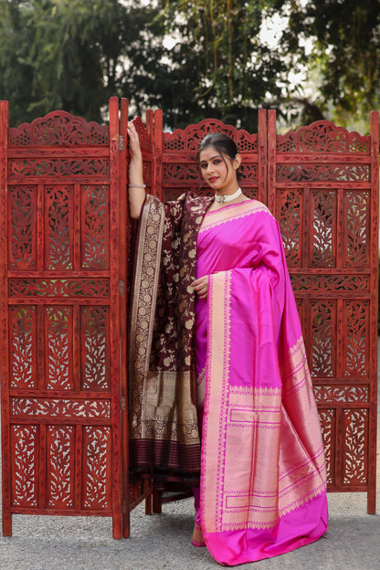Rani Pink Katan Pure Silk Kadwa Saree - Panaya 