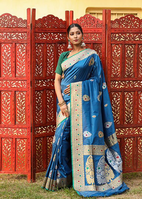 Blue Katan Silk Saree — Kadwa Meena Boota