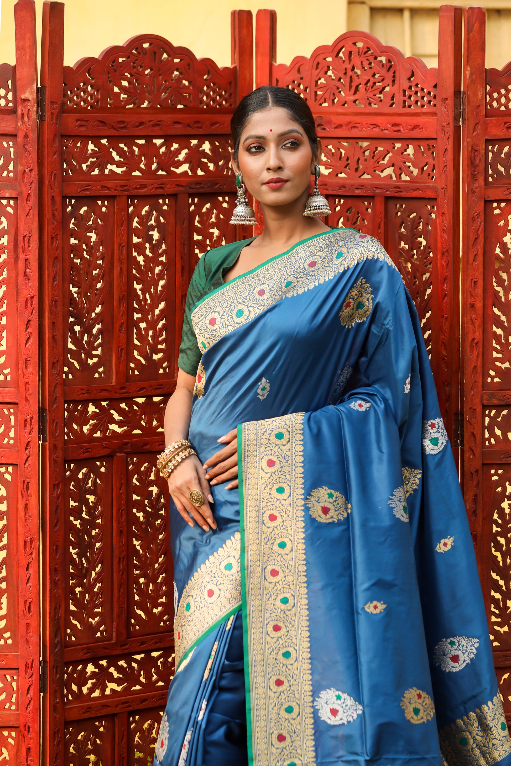 Teal Blue Katan Pure Silk Kadwa Saree