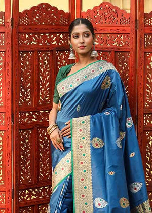 Blue Katan Silk Saree — Kadwa Meena Boota