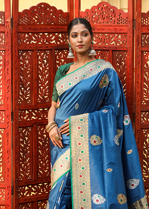 Blue Katan Silk Saree — Kadwa Meena Boota