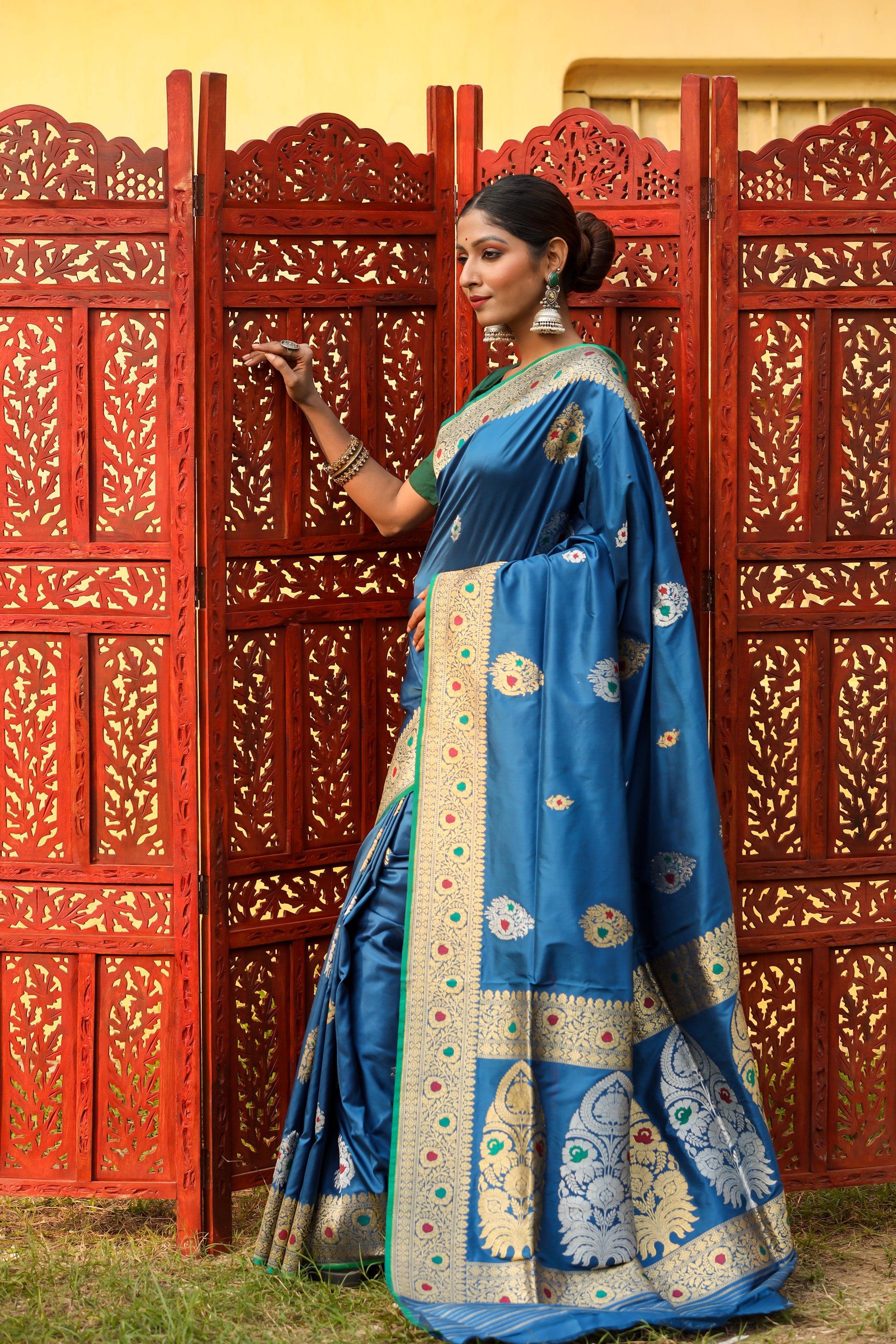 Teal Blue Katan Pure Silk Kadwa Saree