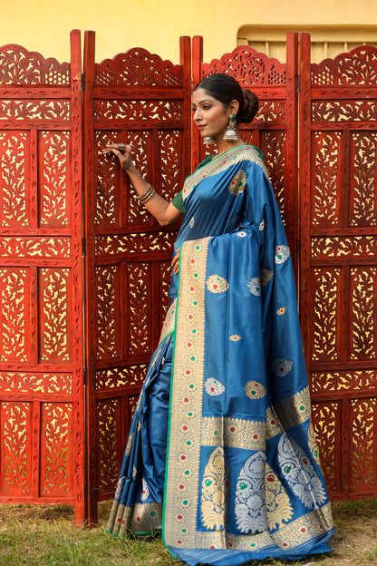 Teal Blue Katan Pure Silk Kadwa Saree - Panaya 