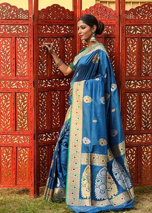 Blue Katan Silk Saree — Kadwa Meena Boota