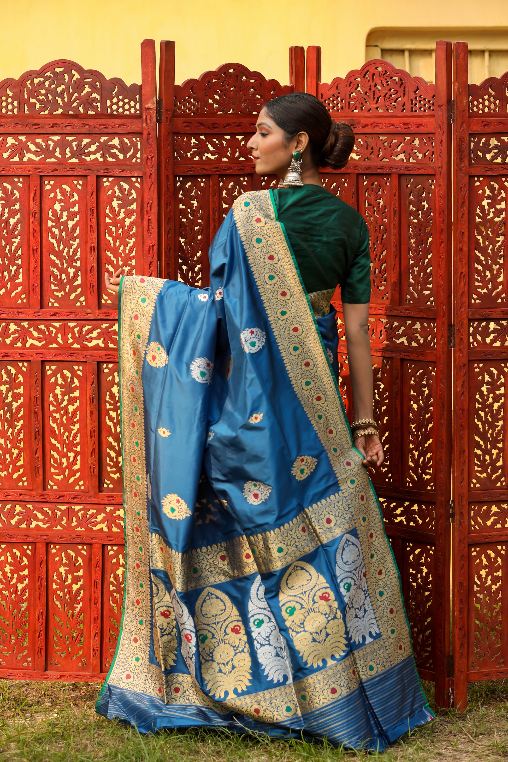 Teal Blue Katan Pure Silk Kadwa Saree