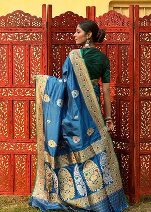 Blue Katan Silk Saree — Kadwa Meena Boota