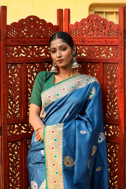 Teal Blue Katan Pure Silk Kadwa Saree - Panaya 