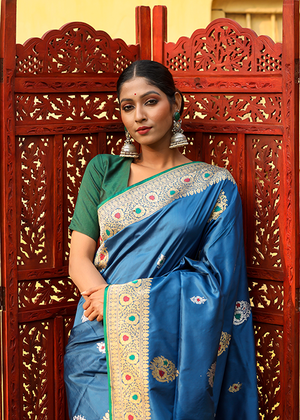 Blue Katan Silk Saree — Kadwa Meena Boota
