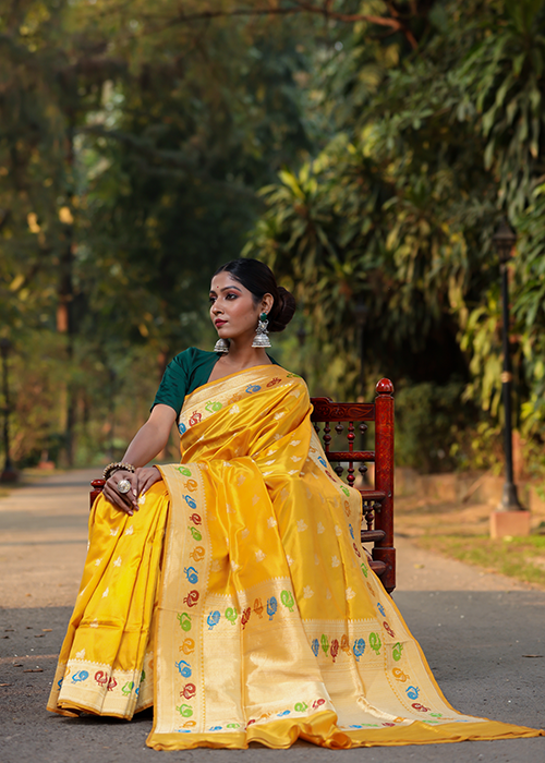 Yellow Katan Silk Saree - Kadwa Booti
