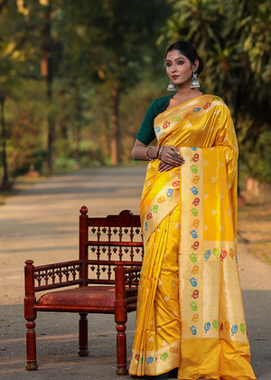 Yellow Katan Silk Saree - Kadwa Booti