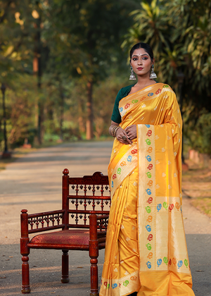 Yellow Katan Silk Saree - Kadwa Booti