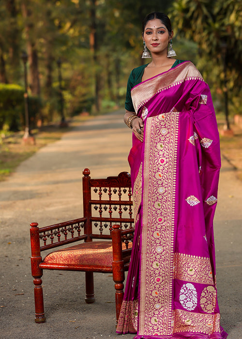 Magenta Katan Silk Saree — Kadwa Boota