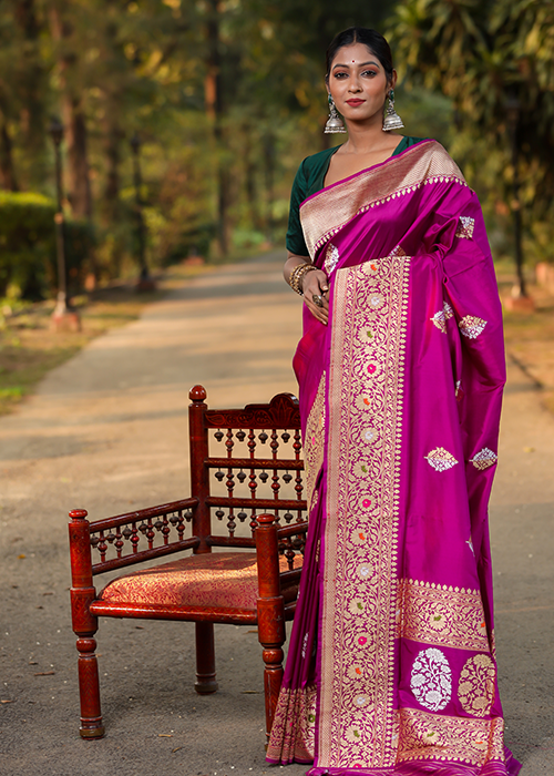 Magenta Katan Silk Saree — Kadwa Boota