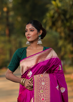 Magenta Katan Silk Saree — Kadwa Boota