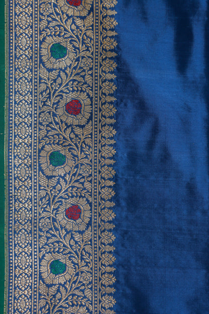 Teal Blue Katan Pure Silk Kadwa Saree - Panaya 