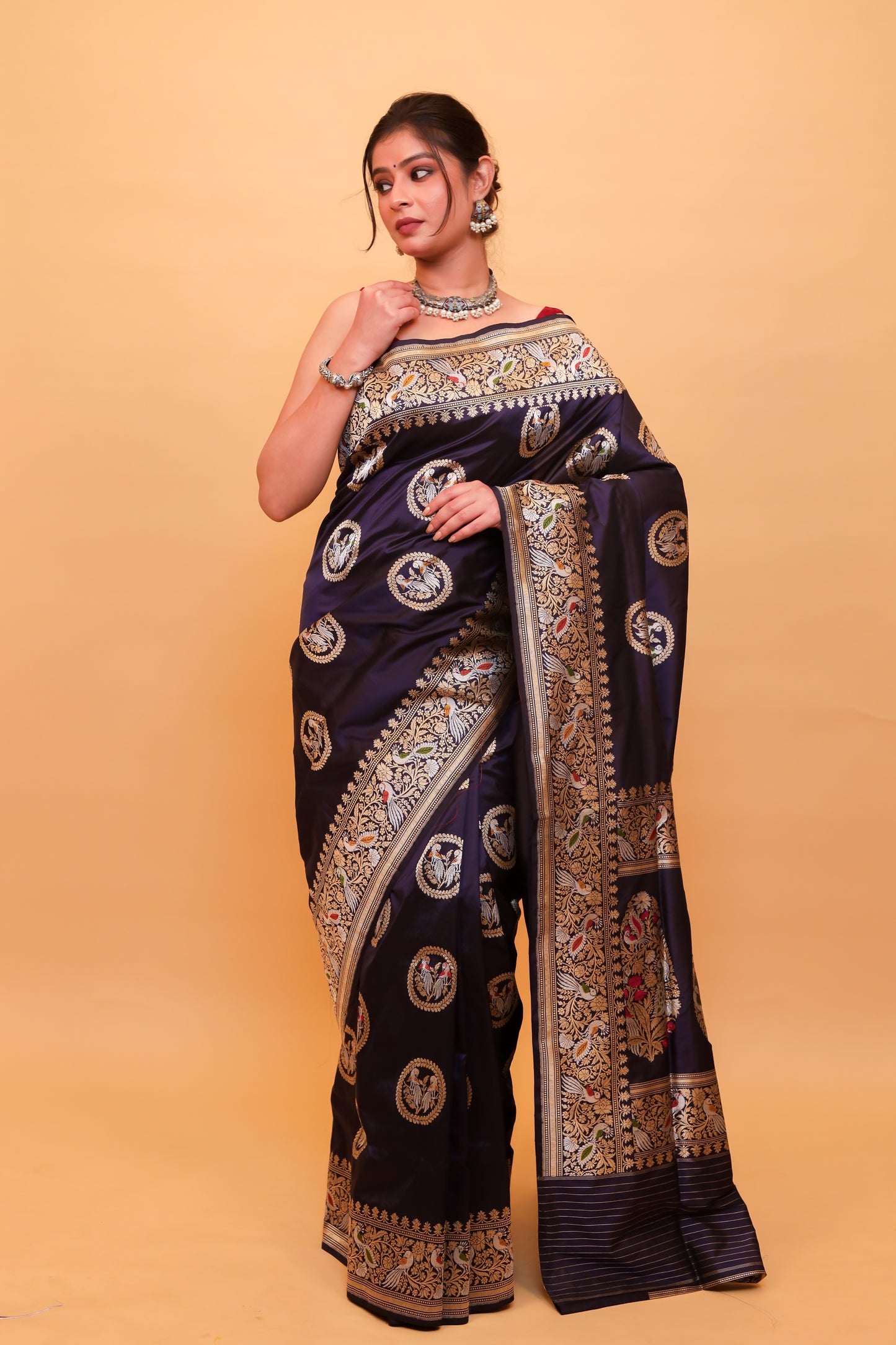 Navy Blue Katan Pure Silk Kadwa Saree - Panaya 