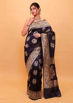 Blue Katan Silk Saree — Kadwa Bird Boota
