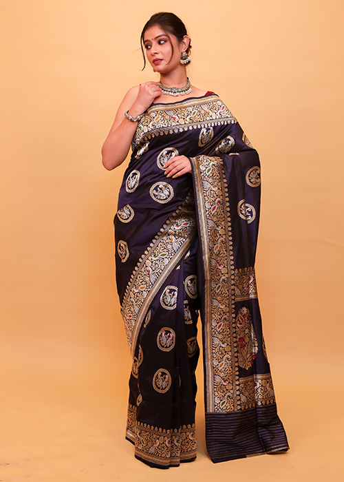 Blue Katan Silk Mulberry Saree — Bird Boota