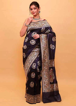 Blue Katan Silk Saree — Kadwa Bird Boota