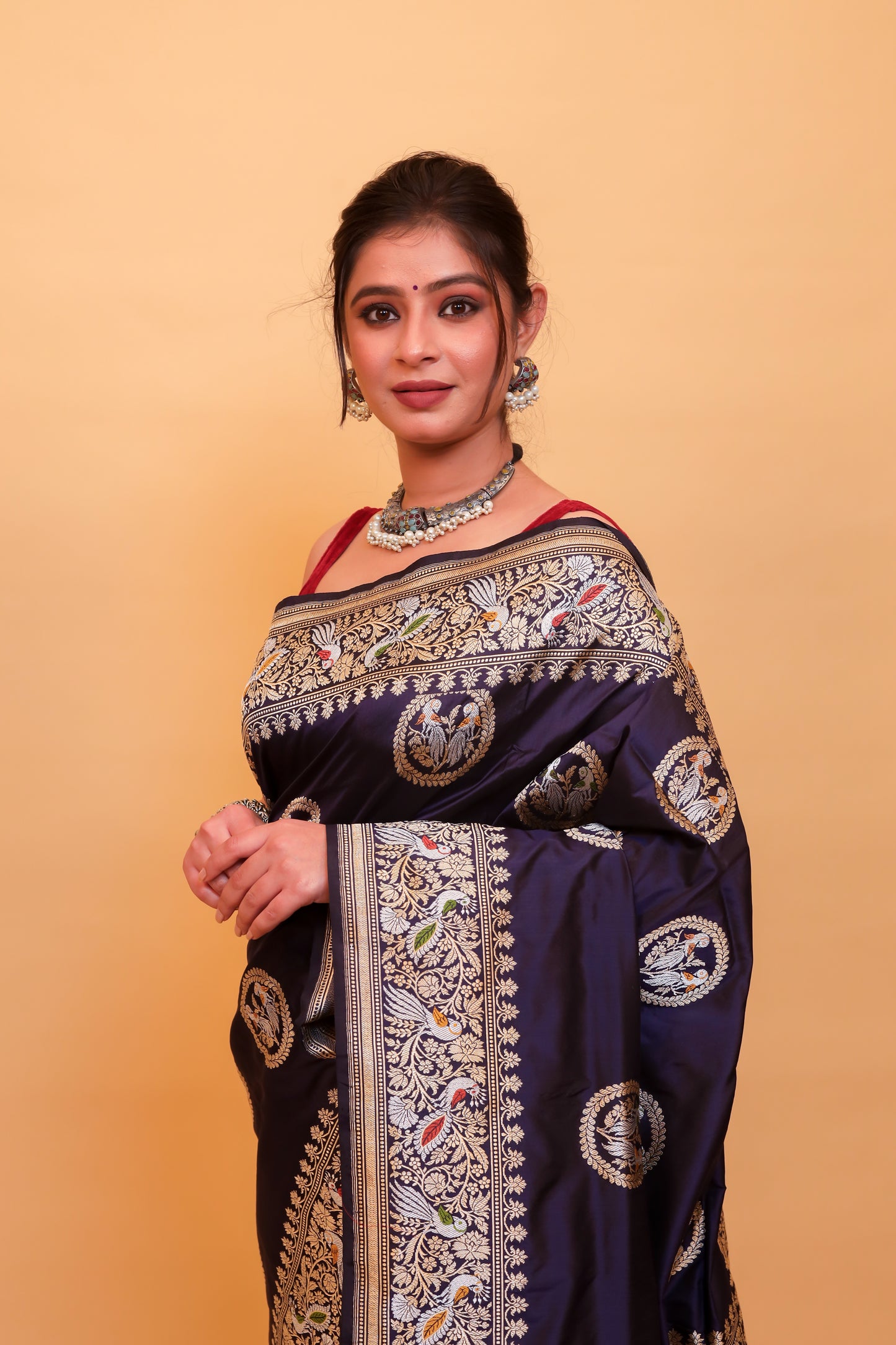 Navy Blue Katan Pure Silk Kadwa Saree - Panaya 