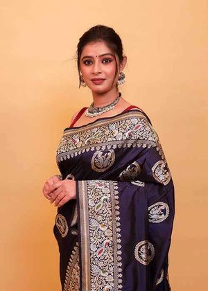 Blue Katan Silk Saree — Kadwa Bird Boota