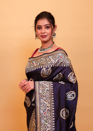 Blue Katan Silk Mulberry Saree — Bird Boota-The panaya