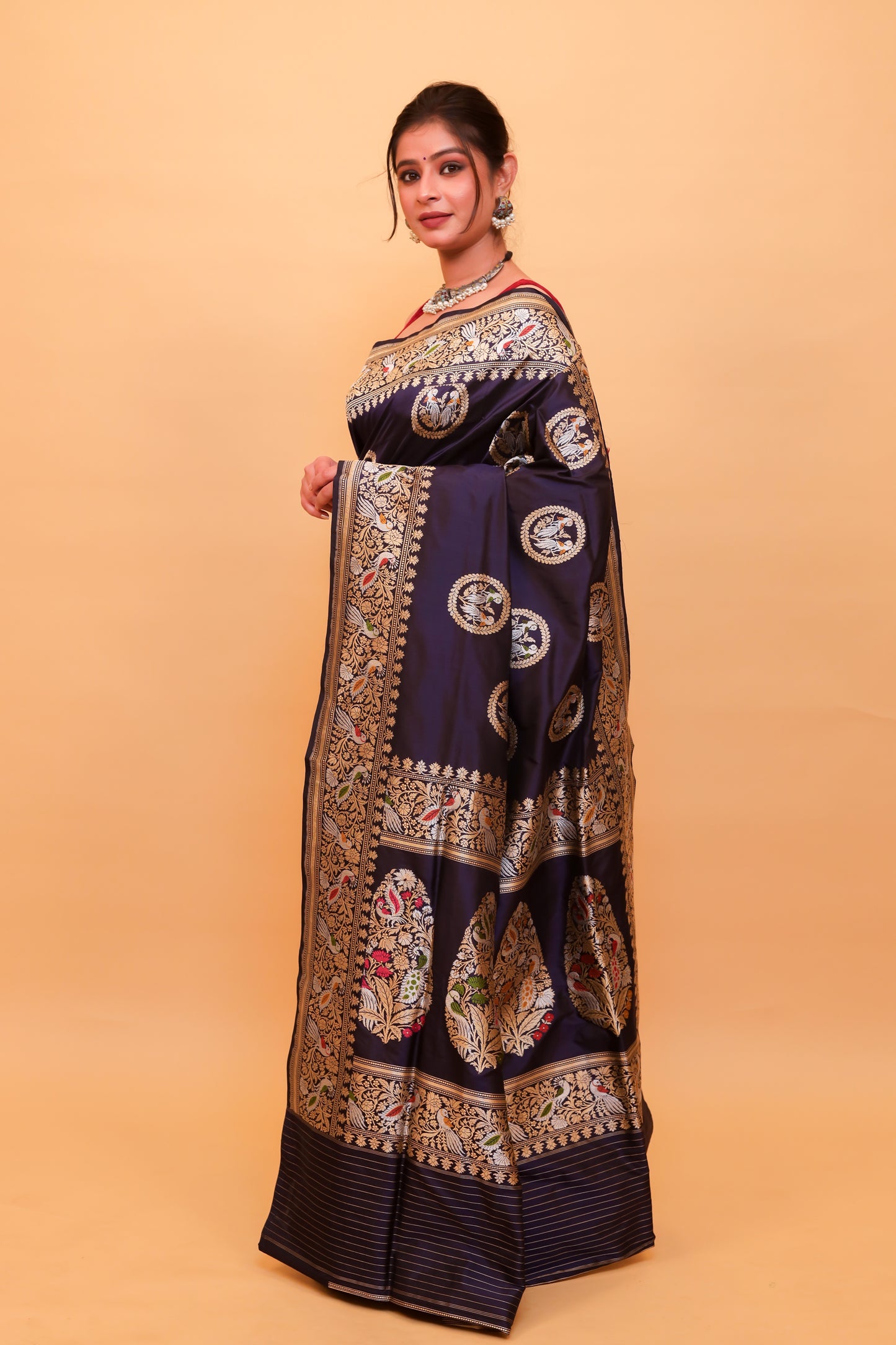 Navy Blue Katan Pure Silk Kadwa Saree - Panaya 