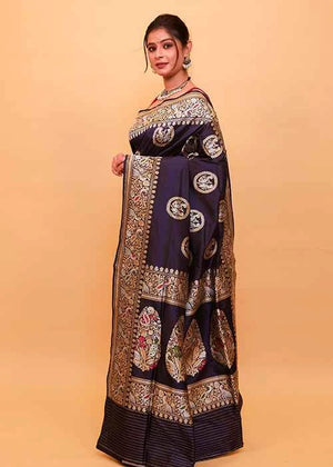 Blue Katan Silk Saree — Kadwa Bird Boota