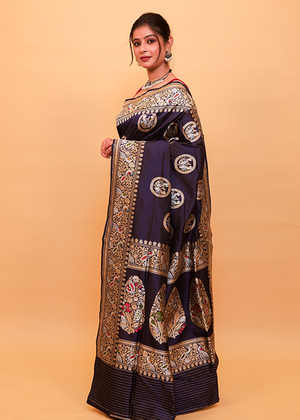 Blue Katan Silk Mulberry Saree — Bird Boota-The panaya