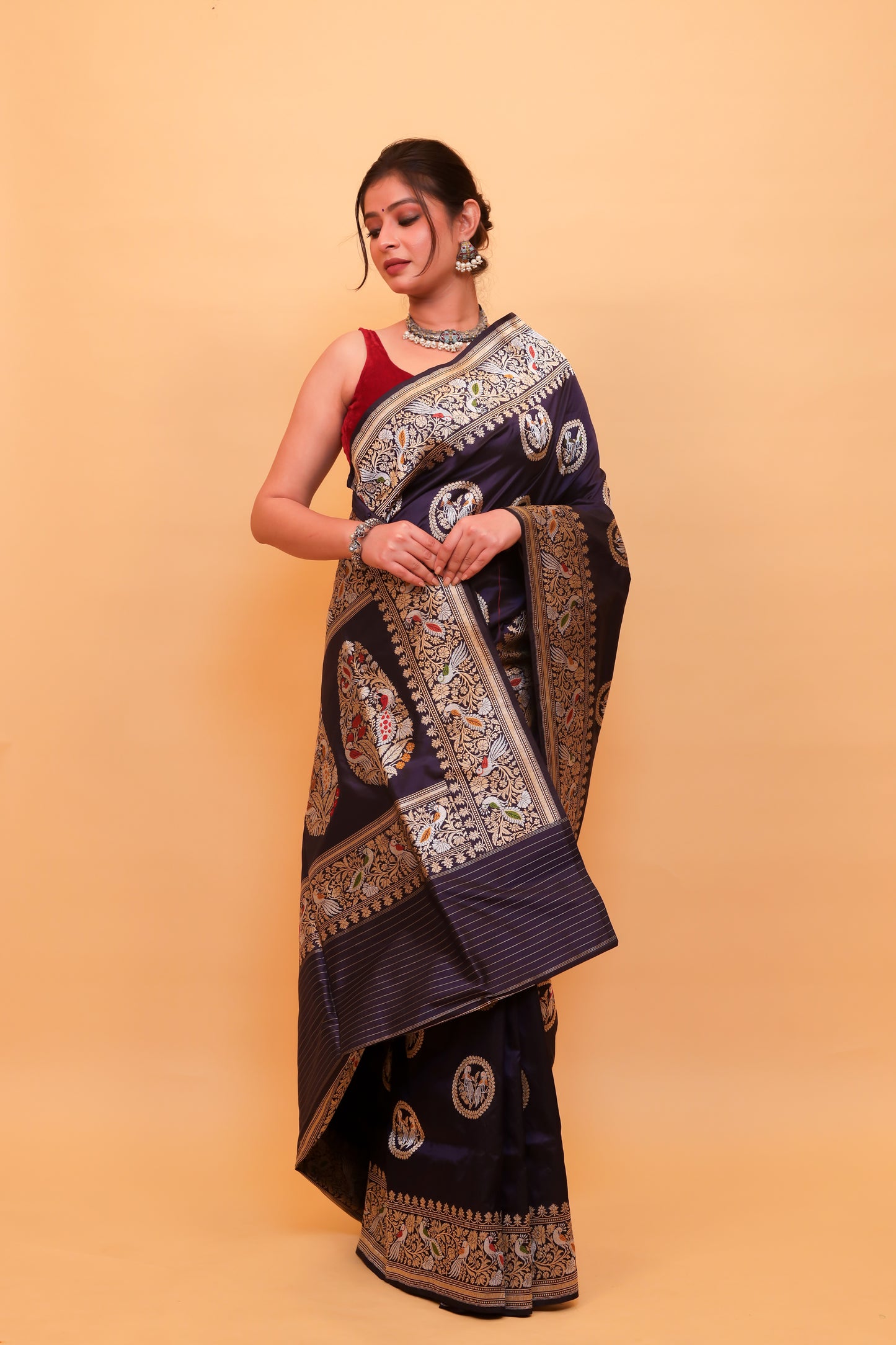 Navy Blue Katan Pure Silk Kadwa Saree - Panaya 