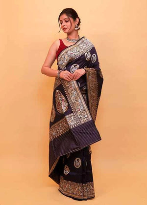 Blue Katan Silk Saree — Kadwa Bird Boota