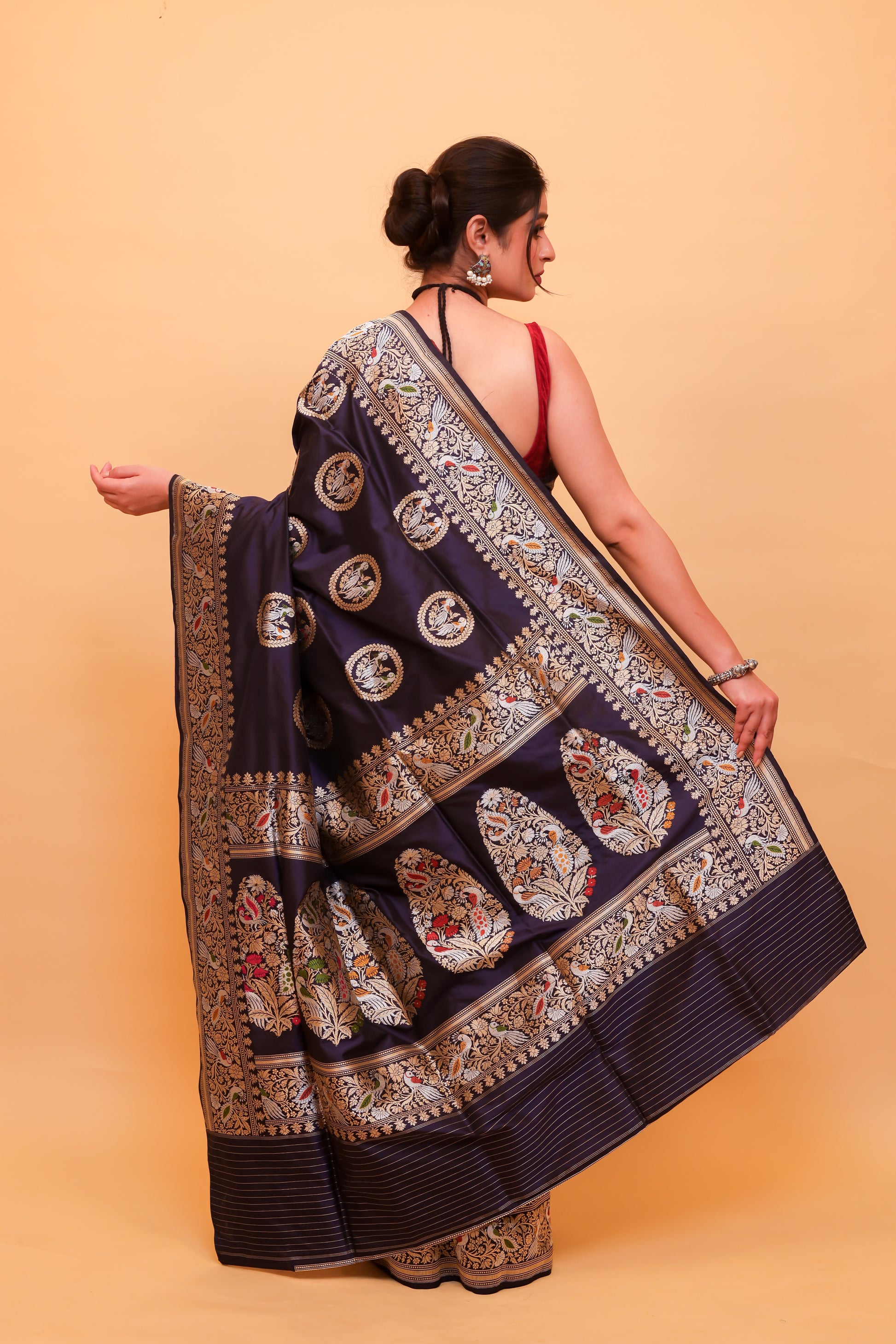 Navy Blue Katan Pure Silk Kadwa Saree