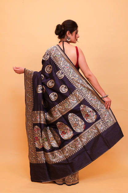 Navy Blue Katan Pure Silk Kadwa Saree - Panaya 