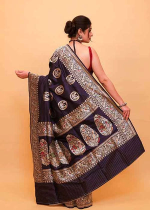 Blue Katan Silk Saree — Kadwa Bird Boota