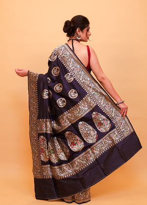 Blue Katan Silk Mulberry Saree — Bird Boota-The panaya