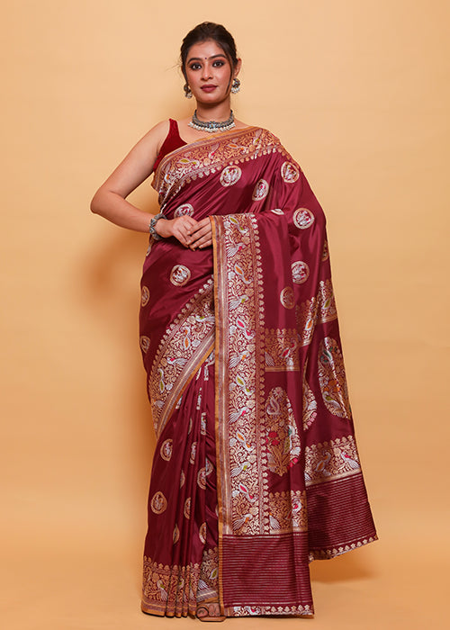 Maroon Katan Silk Saree — Kadwa